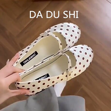 羊皮版~甜美波点平底玛丽珍鞋女浅口一字带单鞋圆头软底芭蕾舞鞋