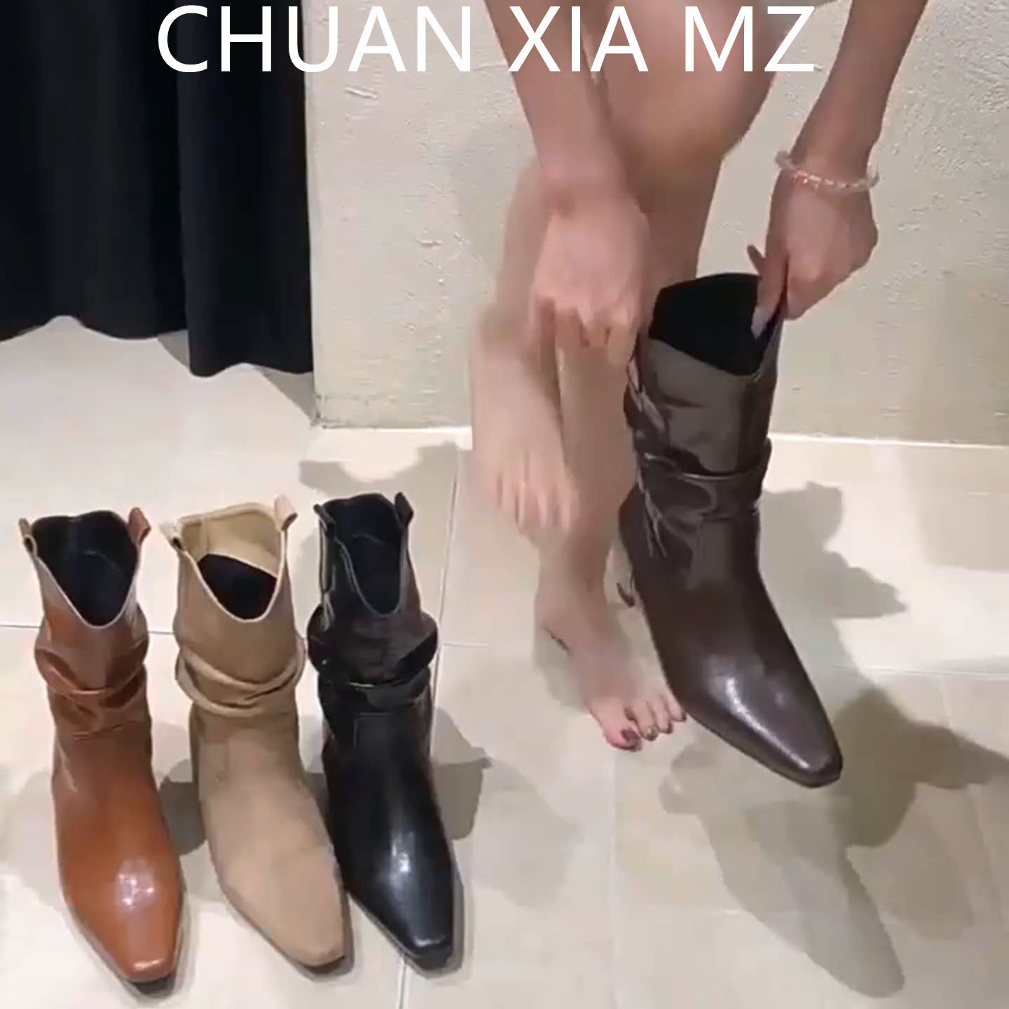 羊皮版~褶皱短筒时装靴尖
