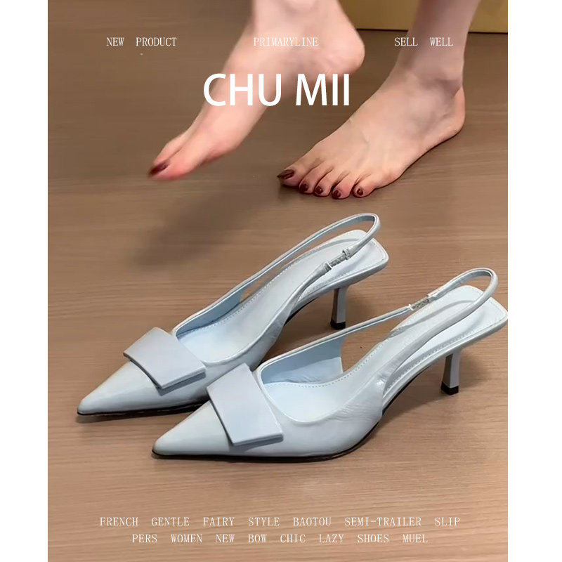 羊皮版~尖头高跟鞋女法式小众设计感方扣包头凉鞋细跟后空单鞋