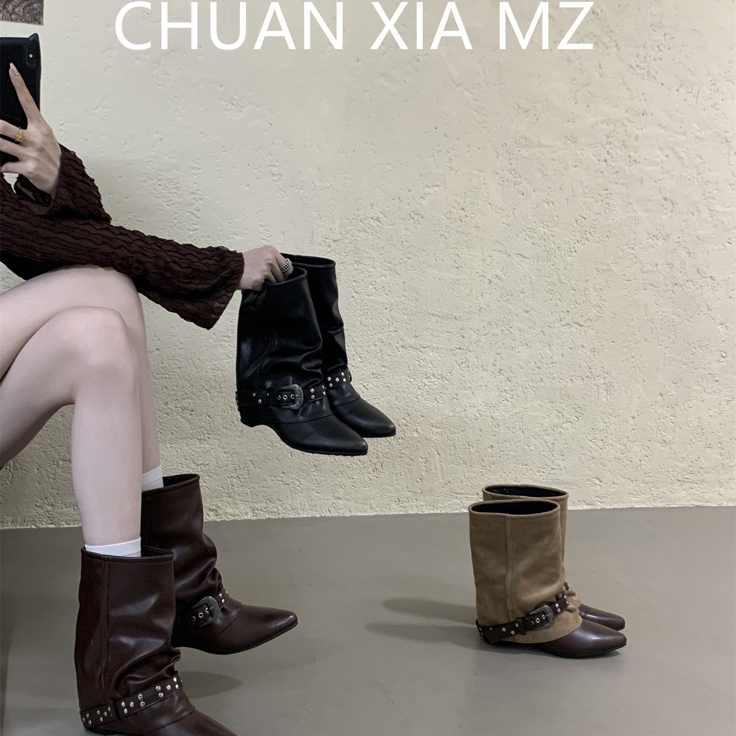 羊皮版~低跟短筒时装靴尖