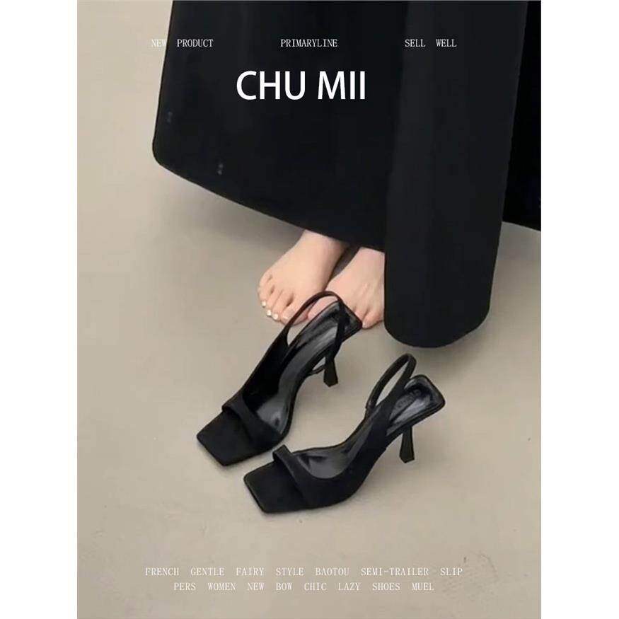 羊皮版~法国女性黑色露趾凉鞋，简单的方趾细高跟鞋，优雅的单线