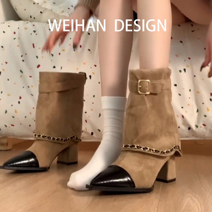 羊皮版！小香风拼色尖头裤管靴女粗跟金属链马丁靴皮带扣真皮短靴