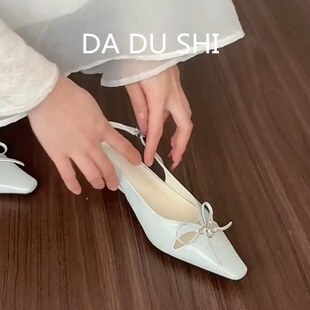 羊皮版！性感镂空尖头高跟鞋女配裙子真皮包头凉鞋小猫跟水钻单鞋