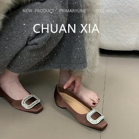 羊皮版~法式高级感水钻单鞋女真皮软底粗跟玛丽珍鞋棕色百搭瓢鞋,女鞋,浅口单鞋,淘宝优惠券,粉丝福利购,淘宝优惠卷