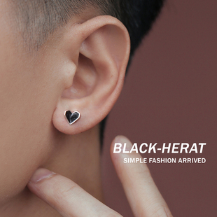 s925银耳钉男个性潮流爱心黑色独特霸气耳环女简约情侣款街头耳饰