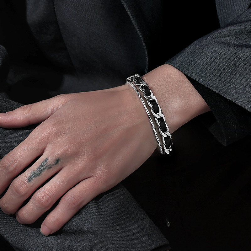皮革手链男潮钛钢缠绕双层叠戴手环小众个性设计高级感简约男手饰