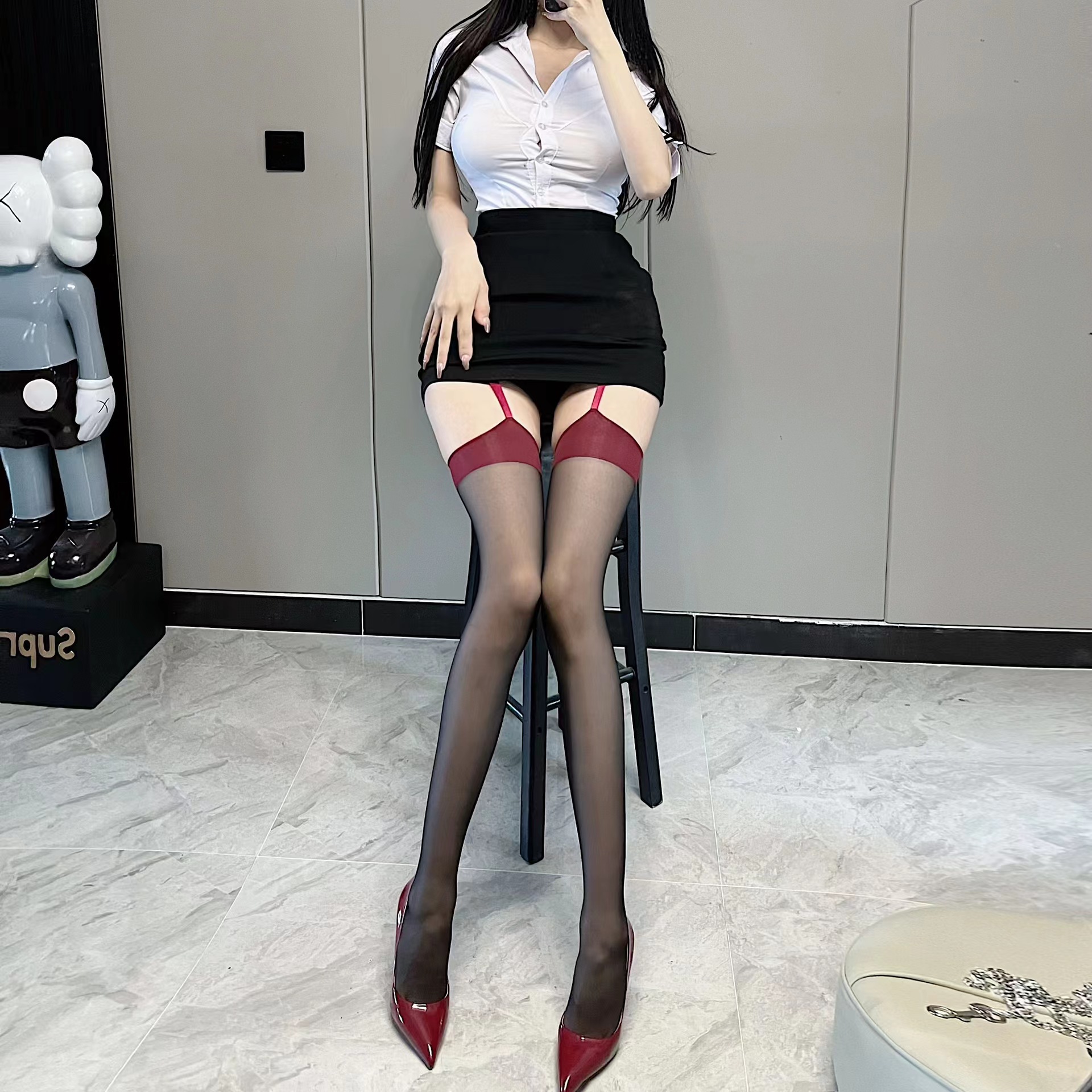 性感吊带袜长筒红边过膝袜蕾丝花边纯欲薄款黑丝拼接性感大腿靴袜