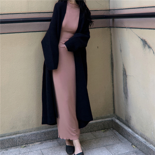 过膝长款宽松粗线大毛衣 韩版廓形加厚落肩慵懒风厚实针织开衫外