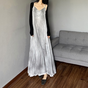 水墨晕染吊带裙中式 清冷感棉麻连衣裙 高个子夏天森系到脚踝长裙