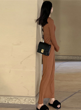 超长到脚踝针织连衣裙 螺纹长袖过膝内搭长裙 春秋薄款直筒打底裙