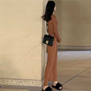 超长到脚踝针织连衣裙 螺纹长袖过膝内搭长裙 春秋薄款直筒打底裙