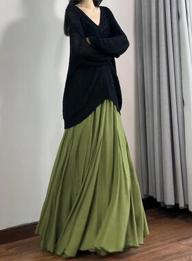读衣术绿色文艺鱼尾半身裙松紧腰显瘦步步生莲大摆中国风及踝长裙