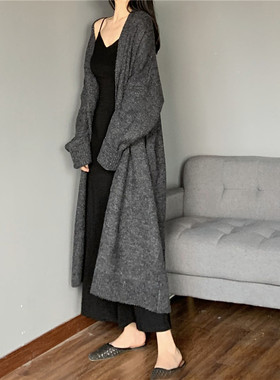 大毛衣女秋冬外穿开衫加厚 粗棒针长款过膝时尚宽松慵懒针织外套