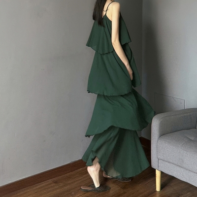 休闲度假蛋糕裙雪纺纯色层层遮肉