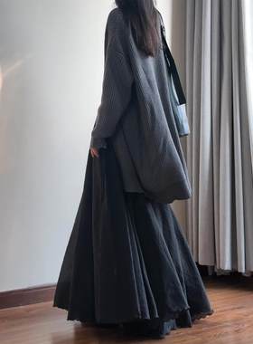 读衣术黑色仿棉麻大摆半身裙高腰长款舞蹈长裙 复古文艺百搭伞裙