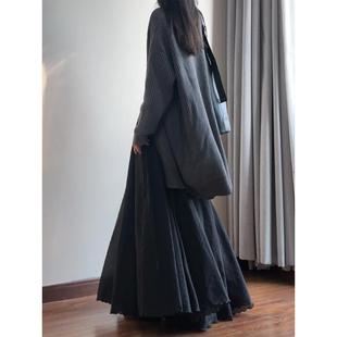 复古文艺百搭伞裙 舞蹈长裙 读衣术黑色棉麻大摆半身裙秋 高腰长款