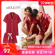 An với đồ ngủ đôi cotton nữ mùa hè mỏng màu đỏ đơn giản phù hợp với áo cưới ngắn tay áo len nhà nam - Bộ Pajama