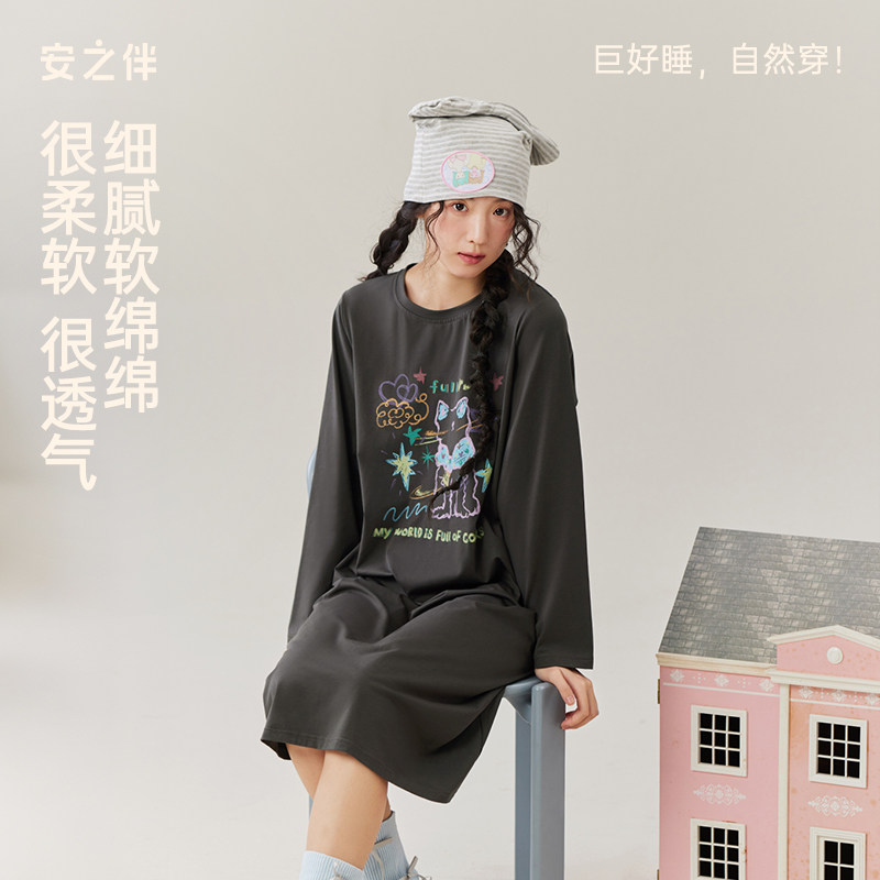 安之伴纯棉长袖睡裙女秋款套头图片