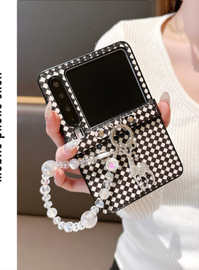 ins风黑白菱格小鹿适用华为PuraX手机壳三星zflip7折叠屏pocket2网红新款OPPOfindN3flip女款手提链条斜挎潮