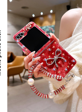 ins风新年蝴蝶结适用三星Zflip6手机壳网红同款个性折叠屏W24Flip女款Zflip5小众新款手提红色蛇年链条绳斜挎