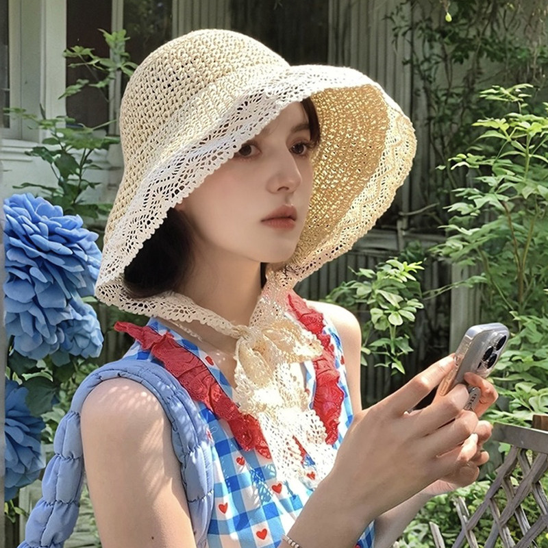 网红可折叠编织绑带草帽女韩版小清新防晒遮阳帽海边度假沙滩帽子