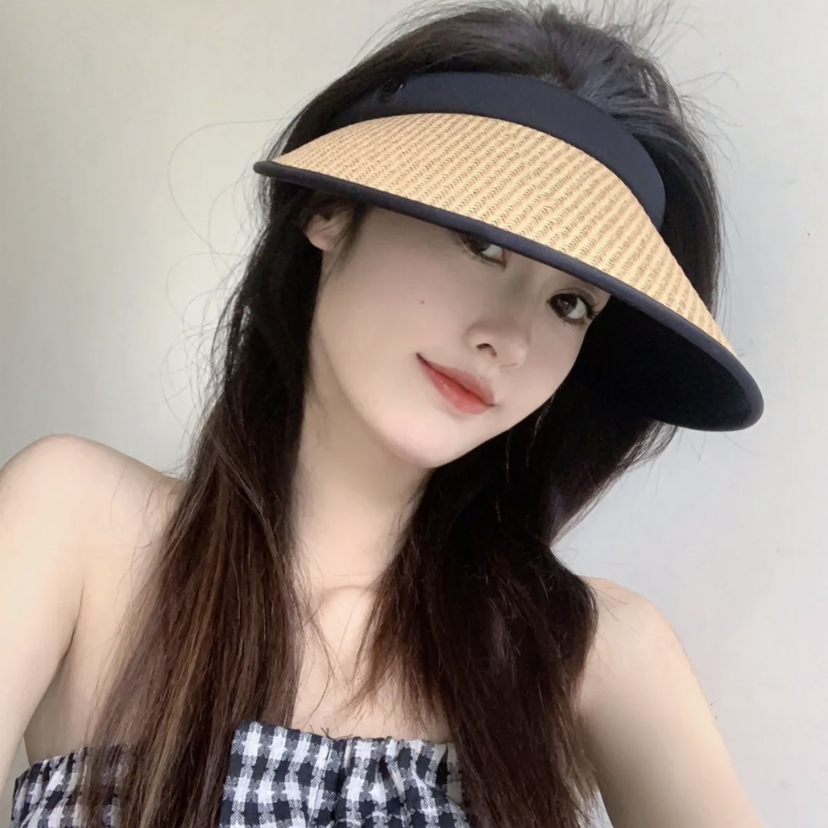 大檐草编防晒遮阳空顶帽女夏骑车逛街出游防紫外线遮脸发箍太阳帽