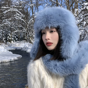 仿狐狸毛护耳雷锋帽女冬加厚保暖显脸小毛毛帽子大头围东北防寒男