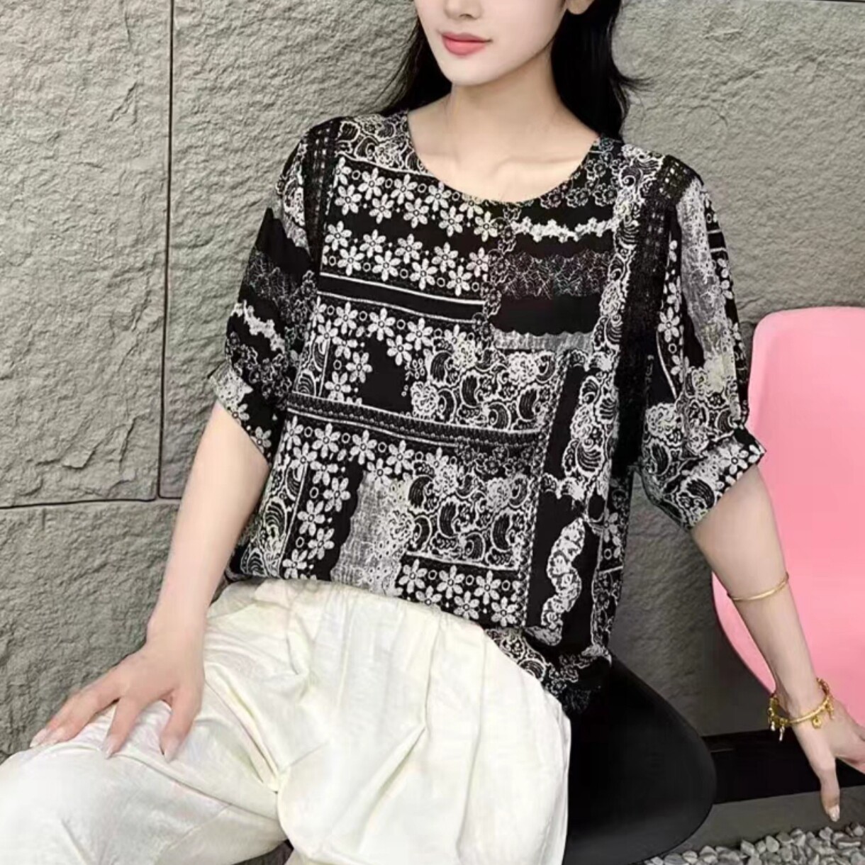 蕾丝花宽松雪纺衫2025夏短袖圆领遮肚子T恤碎花上衣洋气时尚小衫