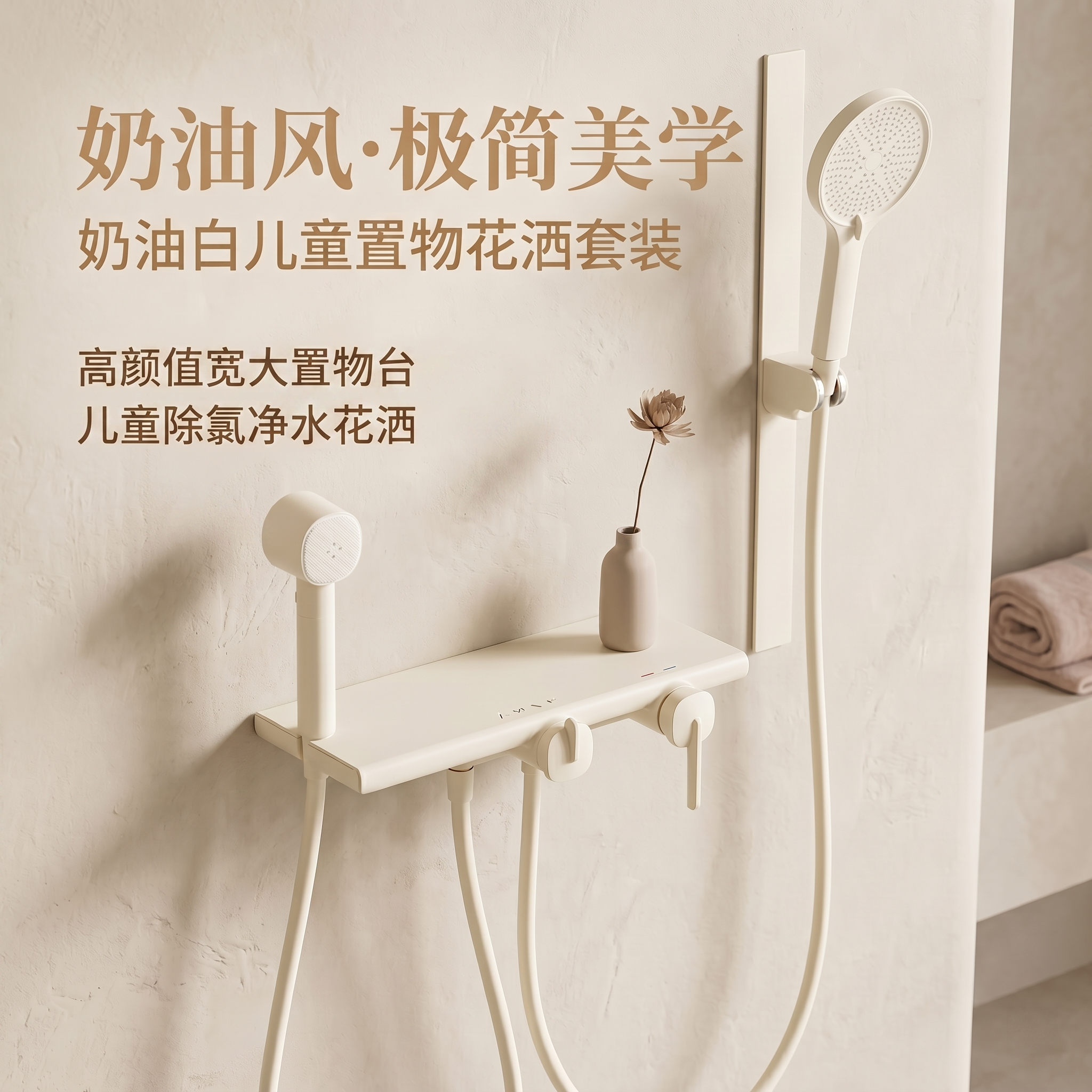 全铜极简磁吸奶白置物淋浴升降花洒儿童美肤除氯亲子沐浴花洒套装