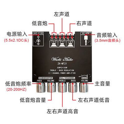 。Wuzhi Audio 2.1声道蓝牙数字功放模块 高低音调超重低音炮大功