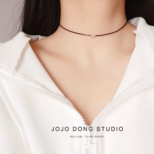 日韩极简冷淡风百搭小细绳项链 钛钢不掉色小方块choker锁骨链