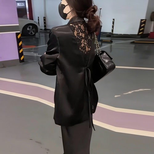 大码女装薄款西装吊带裙套装缎面后拼蕾丝宽松显瘦西服防晒衫胖MM