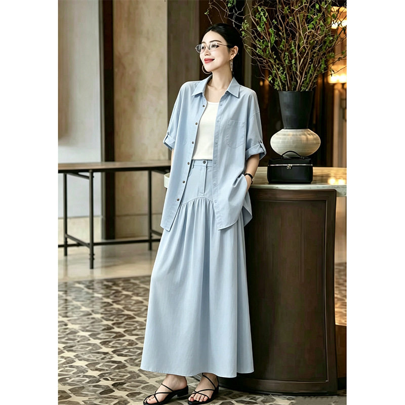 大码女装夏季简约时尚套装女胖mm宽松设计感韩系衬衫半身裙两件套