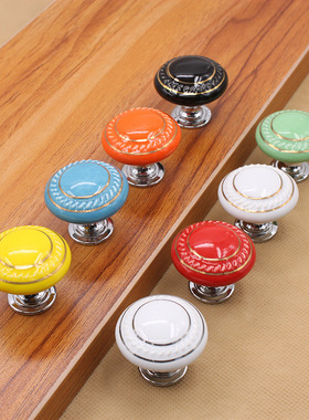 陶瓷拉手欧式橱柜白色银线锌合金单孔圆形把手现代简约厂家直销