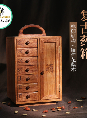 红木手提柜实木箱子茶饼书柜古典中式多层收纳药箱手饰花梨木提篮