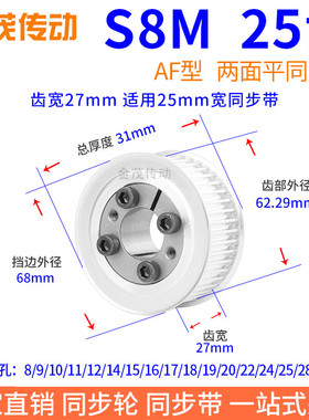 S8M25齿AF齿宽27免键同步带轮内孔8 10 12141516胀紧套同步轮涨套