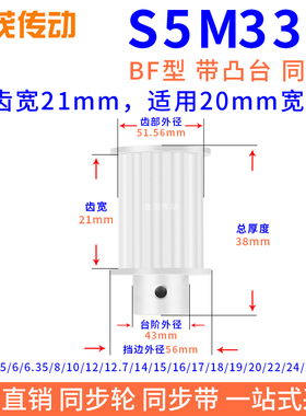 同步带轮S5M33齿B型凸台槽宽21内孔5 6.35 8 10 12.7 14同步轮S5M