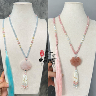 春不晚手作 粉蓝桃花酿如意锁长璎珞背云项链汉服国风配饰