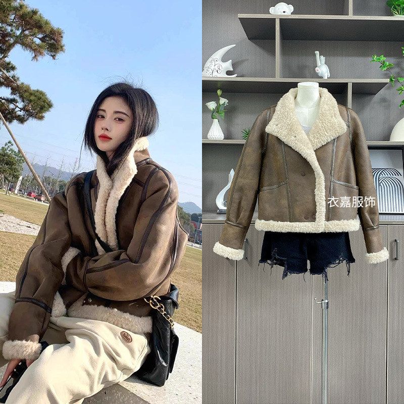 鞠婧祎同款棕色复古机车皮毛一体冬季美拉德风夹克保暖外套上衣女