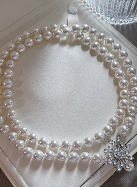 珍珠项链女毛衣链2025新款爆款秋冬轻奢小众长款叠戴双层雪花配饰