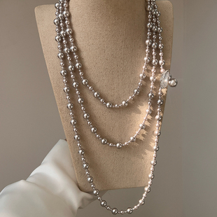 银叶珍珠项链 真多麻银灰色长款2026新款爆款毛衣链法式赫本风女