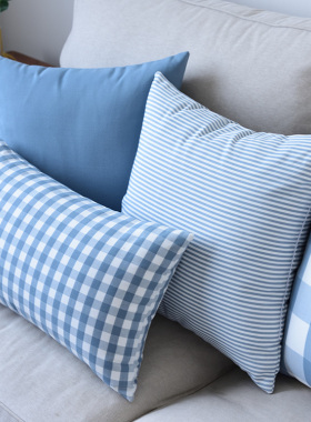 北欧大格子靠垫客厅沙发抱枕蓝色抱枕套靠枕套不含芯50床头靠背垫