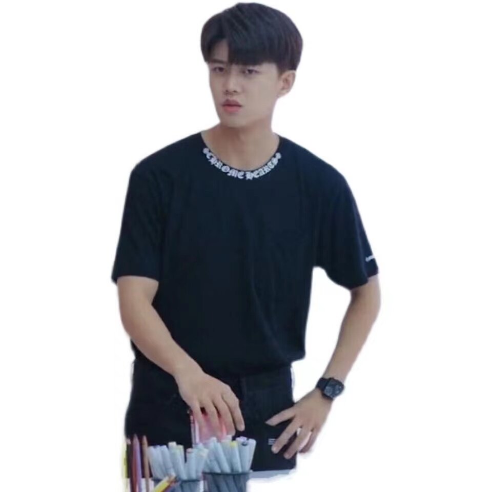 顾川任嘉伦明星同款t恤男宽松版潮牌个性情侣t恤落肩五分袖圆领