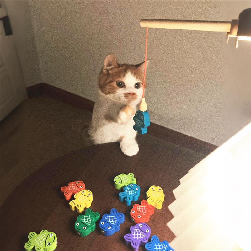 小猫钓鱼玩具磁吸木杆家用桌面立体多彩木质小鱼互动自嗨解闷神器