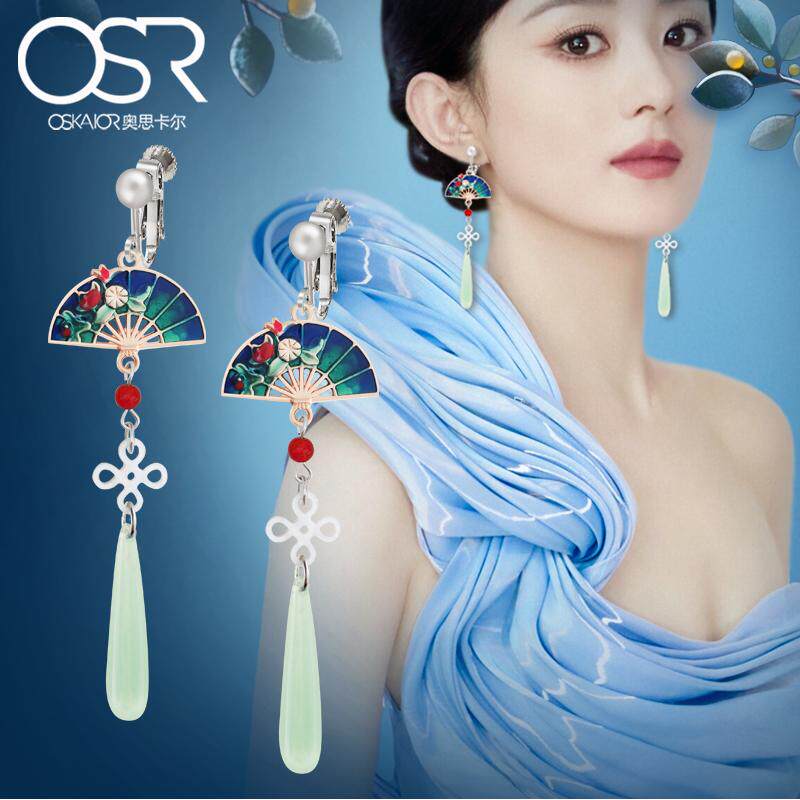 七夕礼物汉服仿玉水滴珐琅耳夹