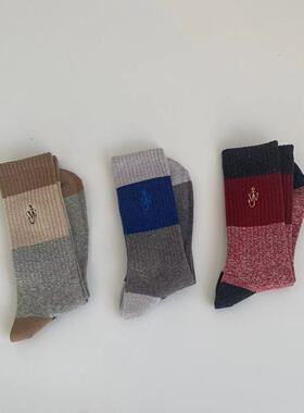 袜子美式复古风秋冬厚实大线刺绣粗线袜子拼色男女休闲中长筒