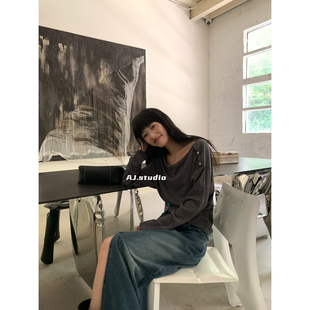 STUDIO2025秋季 新款 韩版 T恤女 时尚 休闲星星扣子一字肩斜肩长袖