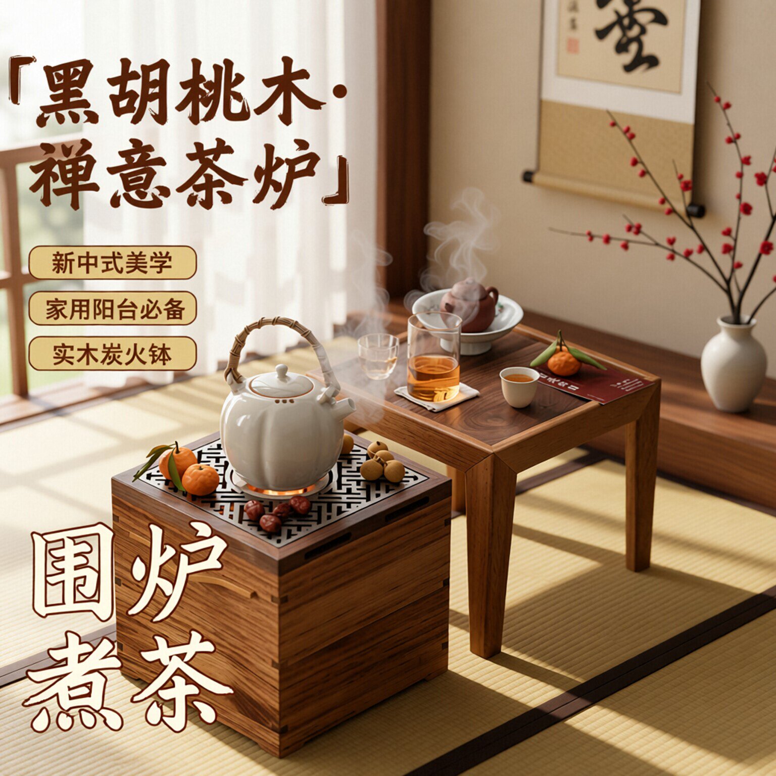 黑胡桃木禅意围炉煮茶火钵炉
