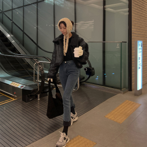 韩国代购东大门保暖加绒牛仔裤女冬季新款直筒紧身弹力九分裤