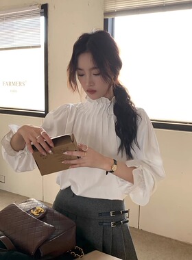 宫廷风花边立领白色衬衫女2024秋季新款复古上衣打底衫别致衬衣
